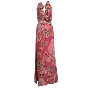 Kay Unger New York Pink Floral 100%Silk Ruffle Halter Maxi Dress Size 4 S#121249